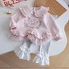 Girls' Autumn Princess Set: Cute Bunny Print Sweatshirt with Mesh and Lace Details