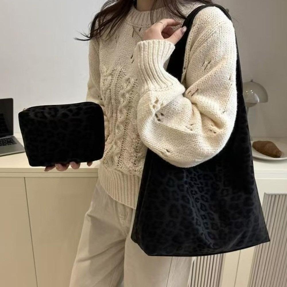Large Capacity Leopard Print Shoulder Bag Vintage Hobo Handbag Versatile Tote Bag Set Casual