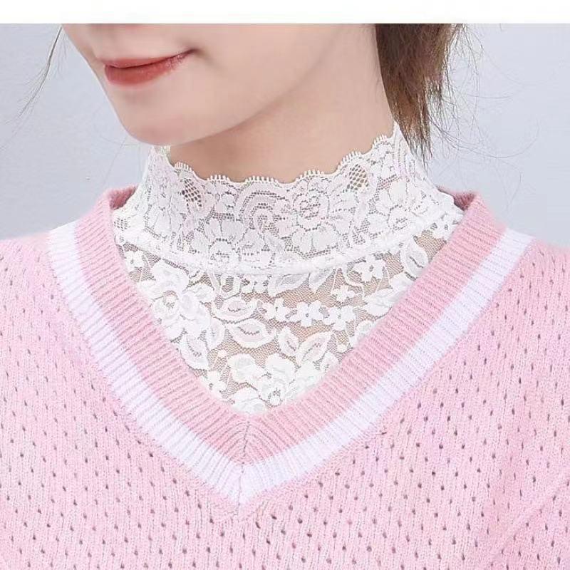 Women's Black & White Lace Pullover with Detachable Collar - Perfect for Spring, Autumn, and Winter Layering