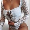Women Fashion Sexy Rompers See Through Hollow Out Solid Color Rompers Long Sleeve Lace Seductive Bodysuit