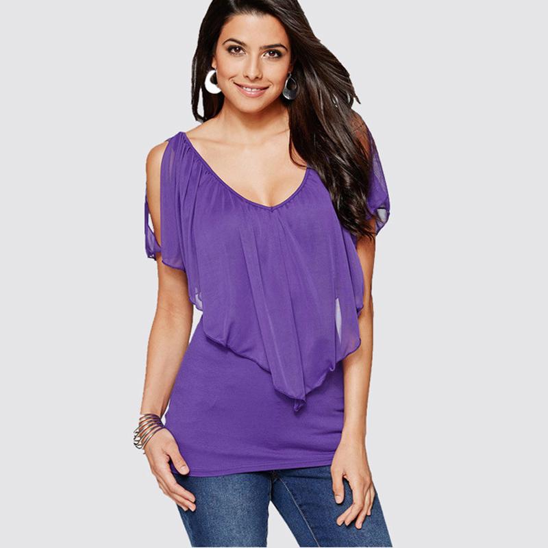 

Женская мода однотонная повседневная свободная шифоновая блузка с v-образным вырезом и открытыми плечами M фиолетовый