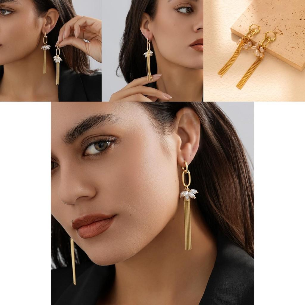 Modern Geometric Tassel Earrings For Women Simple Pearl Gold Design