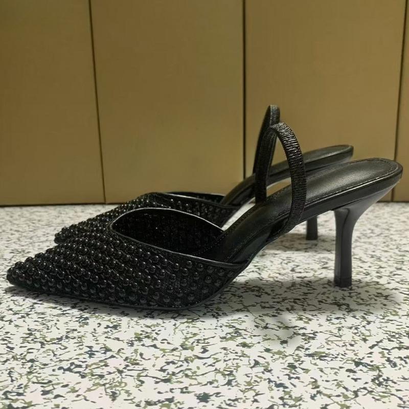 Mode Luxus Schwarze Perle High Heels Damen Sandalen für Party Abschlussball Spitzzehe Slingbacks Mesh Designer Sommer Damen Kleiderschuhe