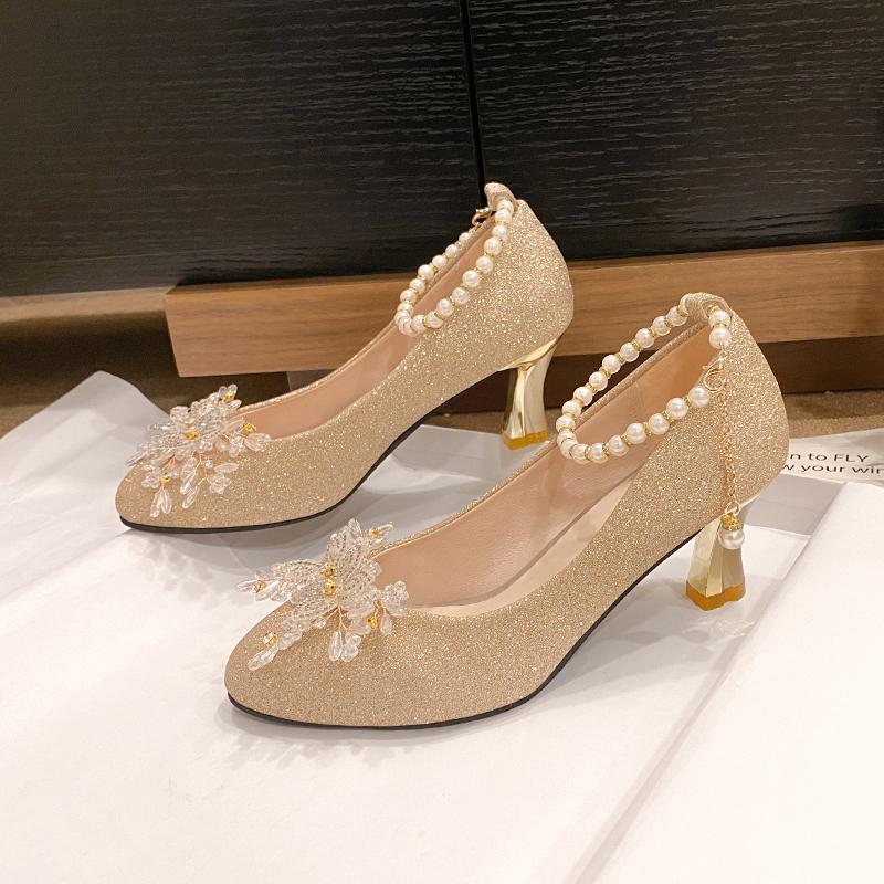 Women Pumps New Fashion Pointed Metal Beaded Solid Heels Women Summer Leisure Banquet Wedding High Heels Shoes Zapatos De Mujer