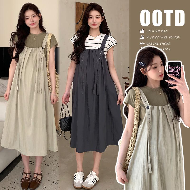 2026 Summer Casual Maternity Two-Piece: Short-Sleeve Top + Korean-Style Loose Overalls M
