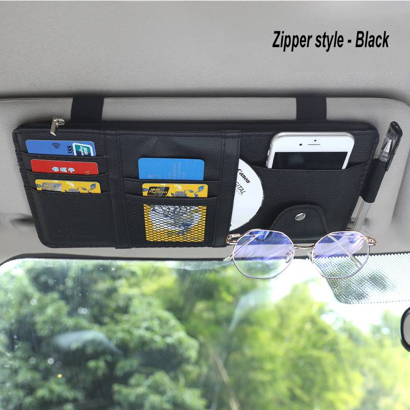 PU Leather Car Sun Visor Organizer Multi-Pocket Auto Storage Pouch With Sunglasses Clip For Card Phone Car Interior Organization
