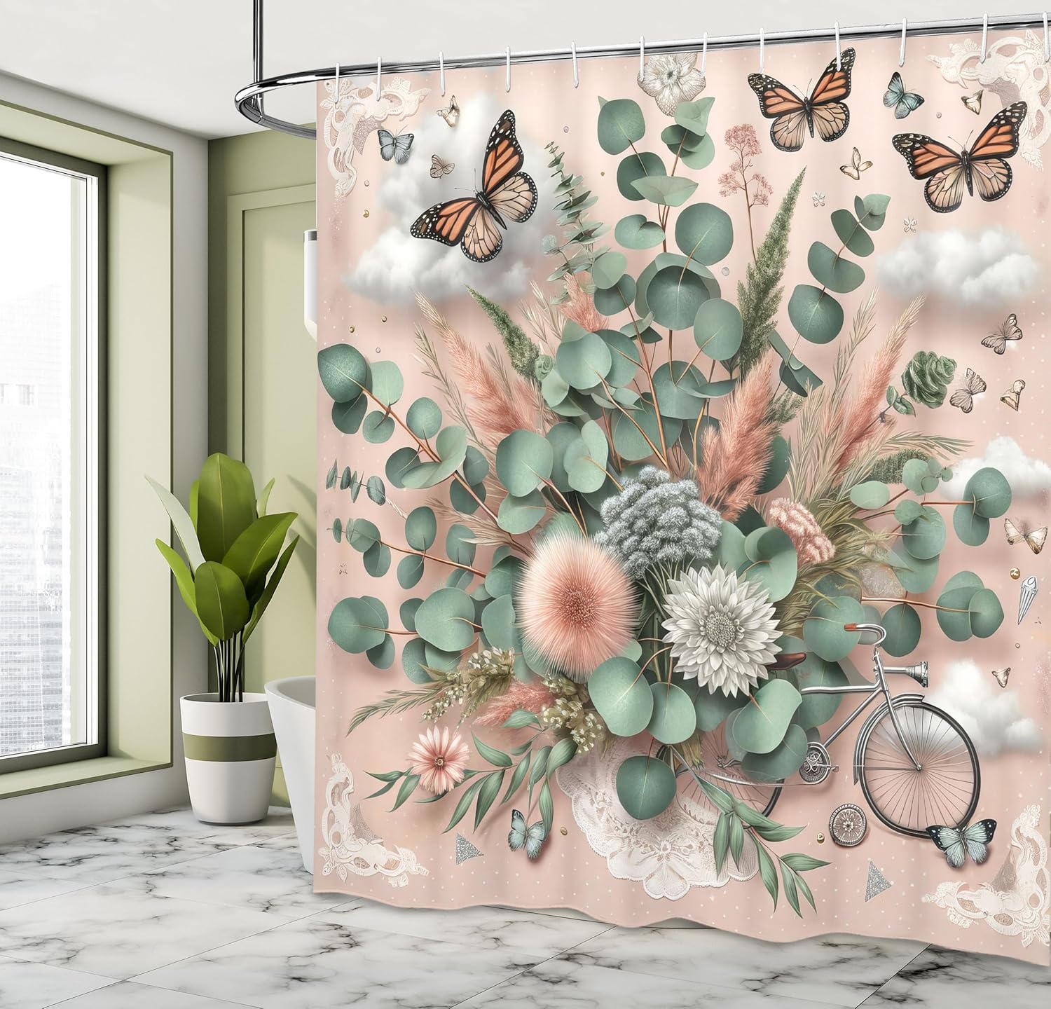 Floral Eucalyptus Shower Curtain, Monarch Butterflies Branches Boho Wild Abloom on Blush Back, Cloth Fabric Bathroom D 90x180cm