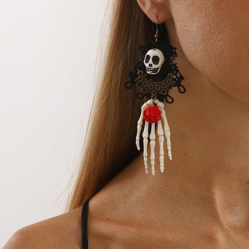 Halloween Fashion Trend Lace Skull Hand Earrings, Fun Holiday Party Earrings