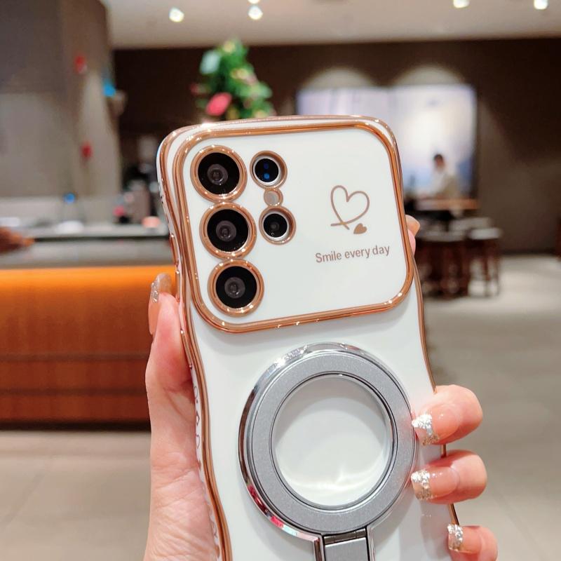 Wave Frame Plating Glossy Phone Case For Samsung Galaxy S25 Ultra S24 FE S23 S22 Plus S21 TPU Soft Shockproof Ring Holder Bracket Back Cover