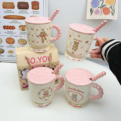Ceașcă Drăguță cu Ursuleț Desen Animat de Valoare Ridicată cu Capac Linguriță Cană de Apă Ceramică pentru Fete Cadou Practic de Ziua de Naștere pentru Prieteni