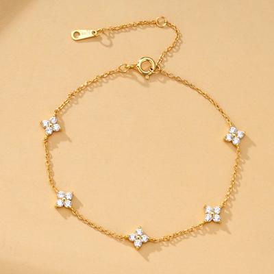 925 Silver Plated Cubic Zirconia Four Leaf Clover Bracelet for Women Adjustable Chain Jewelry Gold Plated Fashion Accessory