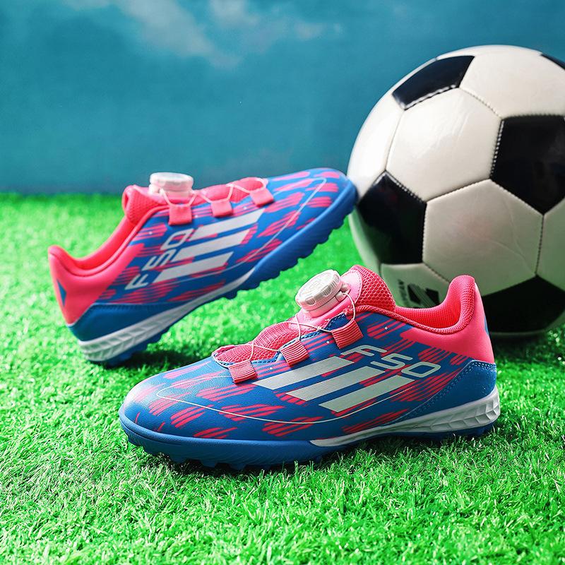 Children's Football Shoes Boys and Girls Primary School Students TF Broken Nails Leather Surface Rotating Buckle Competition Training Shoes One Piece