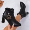 2025 Winter New Pointed British Style High-Heeled Fashion Boots Thick Heel Plus-Size Metal Buckle Boots Women