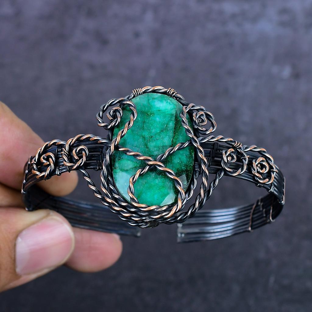 Geen Jade Gemstone Handmade Copper Wire Wrap Cuff Bangle Adjustable ET-4965