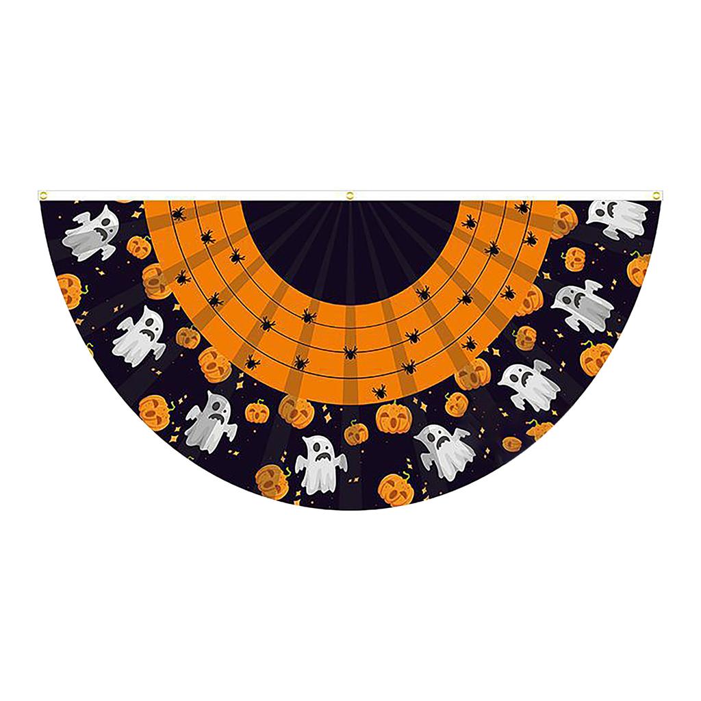 Halloween Theme Fan Shaped Banner 45x90cm Durable Polyester Fabric with Printed Patterns for Indoor Outdoor Decoration