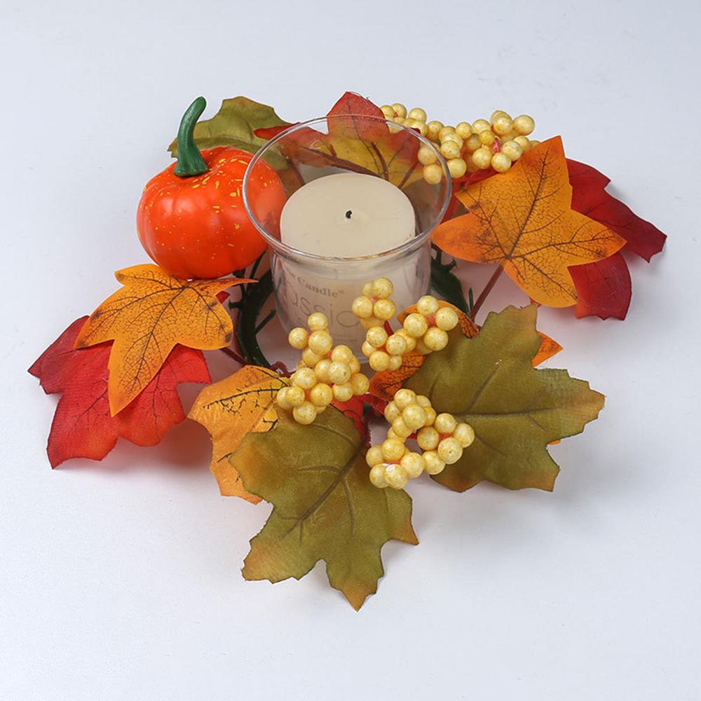 Thanksgiving Candle Rings Artificial Maple Leaves Pumpkin Candle Wreath Fall Candle Holder Table Centerpieces
