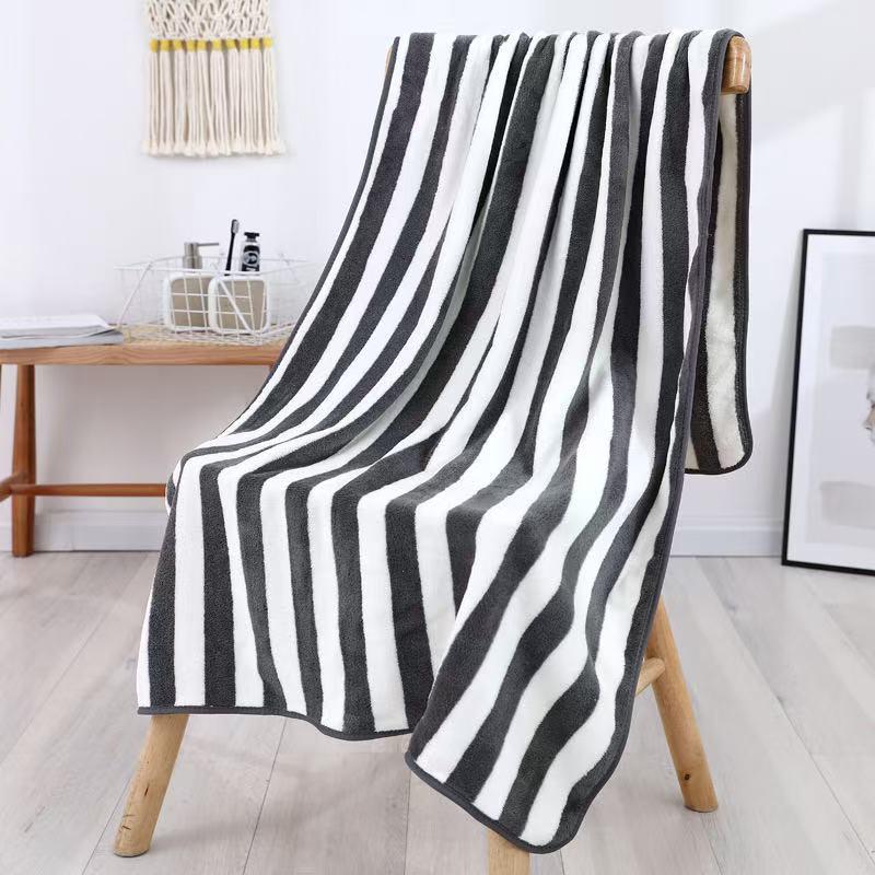 Striped Coral Fleece Bath Towel - Soft, Absorbent, No Shedding.