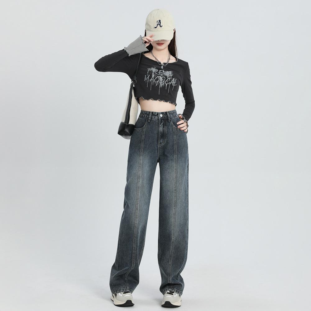 High Street ins Straight Jeans Damen Herbst und Winter Neue Skinny High Waist Lockeres Design Weitbeinjeans