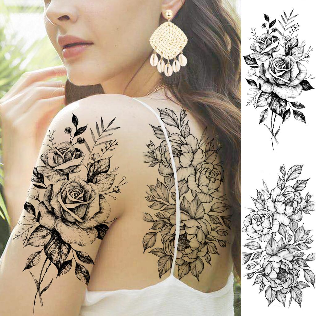 1 Sheet Black Flower Temporary Tattoos For Women Girls Realistic Fake Flora Floral Peony Tattoo Sticker Body Art Painting Decal