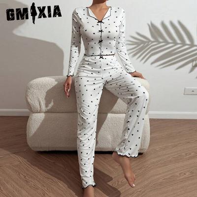 Homewear Liebe Druck Langarm Revers Pyjama Damen Kann Draußen Getragen Werden Hose Zweiteiliges Set