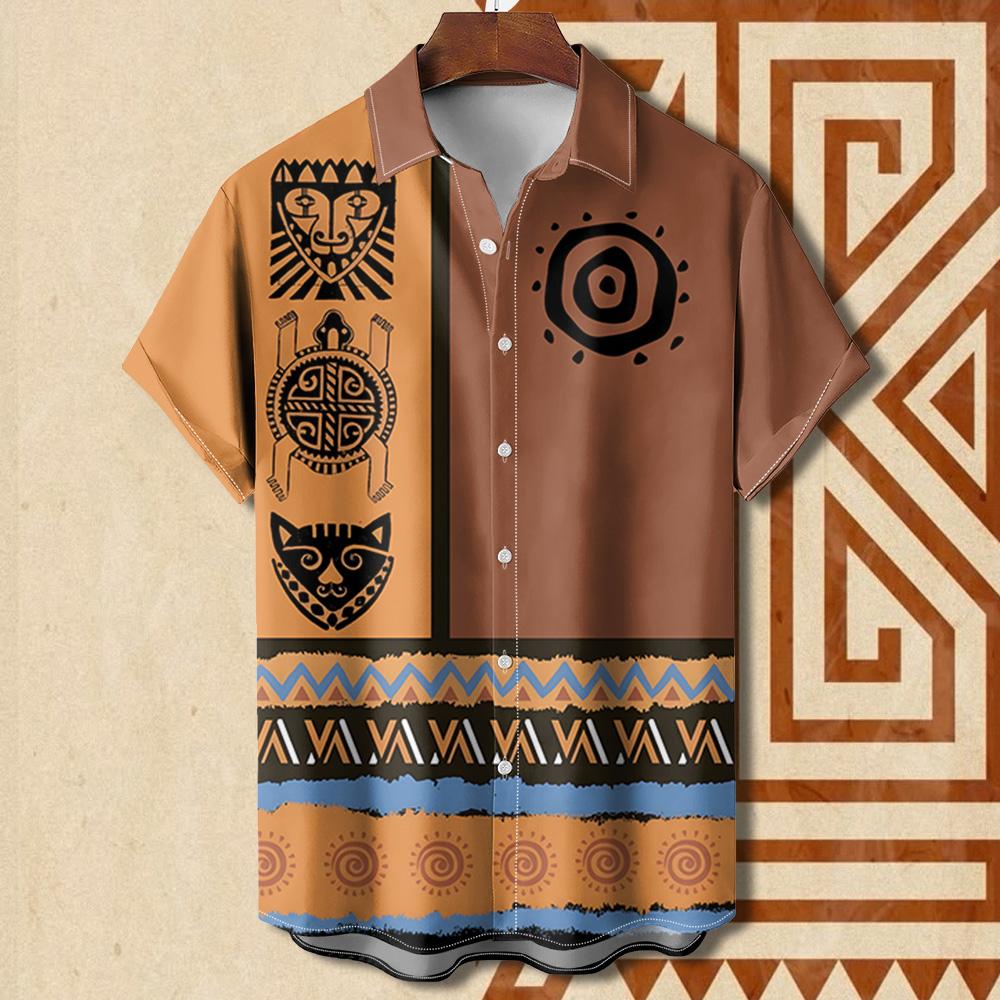 Vintage Ethnic Patterns 3D Print Beach Hawaii Shirts For Men Casual Turndown Collar Short Sleeve Beach Button Shirt Men's Shirts