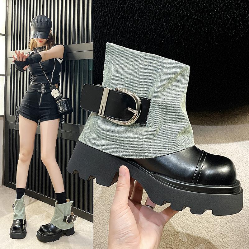 Shoes for Women New Luxury Mid-Calf Boots High Platform Modern Boots Belt Buckle Punk Shoes Female Zip Leather Motorcycle Boots
