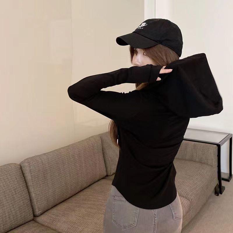 Women's Autumn 2024 Hooded Long Sleeve T-shirt with Waist-Cinching Slim Fit