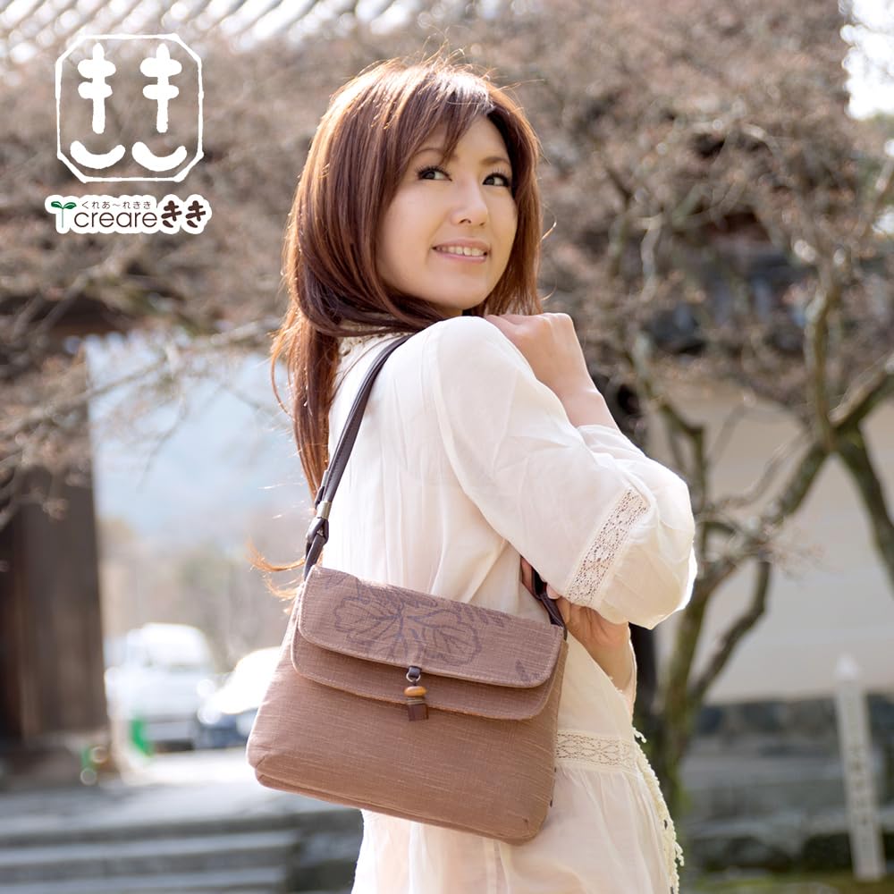 creare Kiki Women's Shoulder Bag, Lightweight, Crossbody, Made in Japan, Persimmon Tannin Dyed, Japanese Style, Hanasaraza (Sarasa) Pattern, Macaron