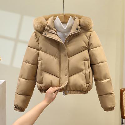 New Winter Cotton Coat for Women, Short, Fashionable, Large Fur Collar, Korean Style Loose Cotton Coat, Thickened Solid Color Hooded Jacket