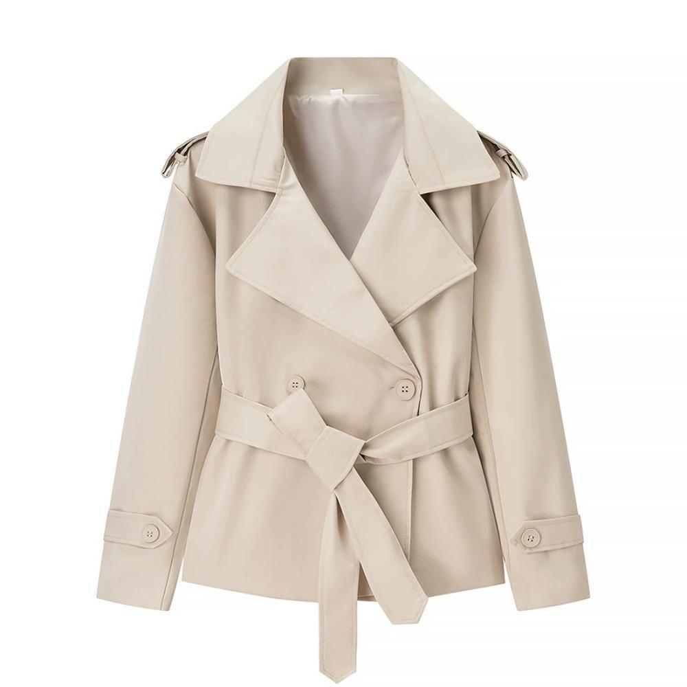 Women's Lapel Long Sleeve Belted Short Trench Coat Casual Solid Color Waist Tie Outerwear for Spring Autumn