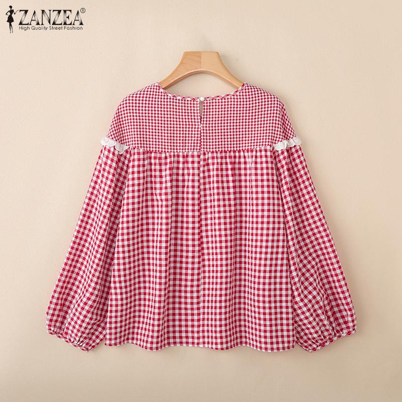 ZANZEA Women Casual Round Neck Long Sleeve Plaid Print Blouse
