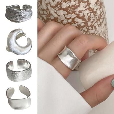 Simple Silver Band Ring Adjustable Open Ring Minimalist Handmade Wide Band Ring Couple Jewelry for Men Women