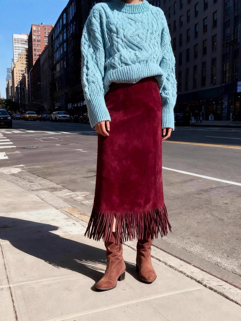 Damska Czarna Spódnica Midi o Fasonie A z Frędzlami – Odchudzający Styl Jesień/Zima