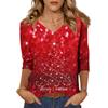 Women's Fashion Casual V Neck 3/4 Sleeve Loose  Printed T-Shirt Ladies Top