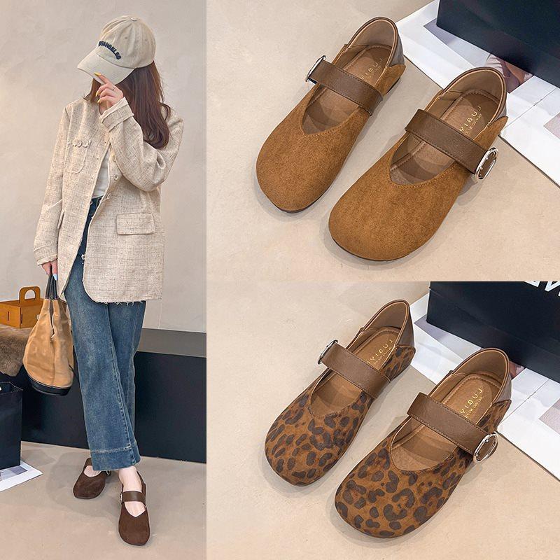 One-word Korean Version Autumn Retro Soft Sole Inner Height Increase 2025 Mary Jane Shoes Women's Shallow Mouth Single Shoes Leopard Print Sued