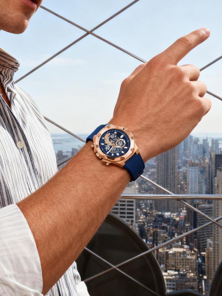 Guess Ceasuri pentru Bărbați-Curea de Ceas din Cauciuc Negru Cadran Auricalcic Ceasuri Multifuncționale pentru Bărbați Ideale pentru Muncă Zilnică și Sport în Aer Liber GW0334G3