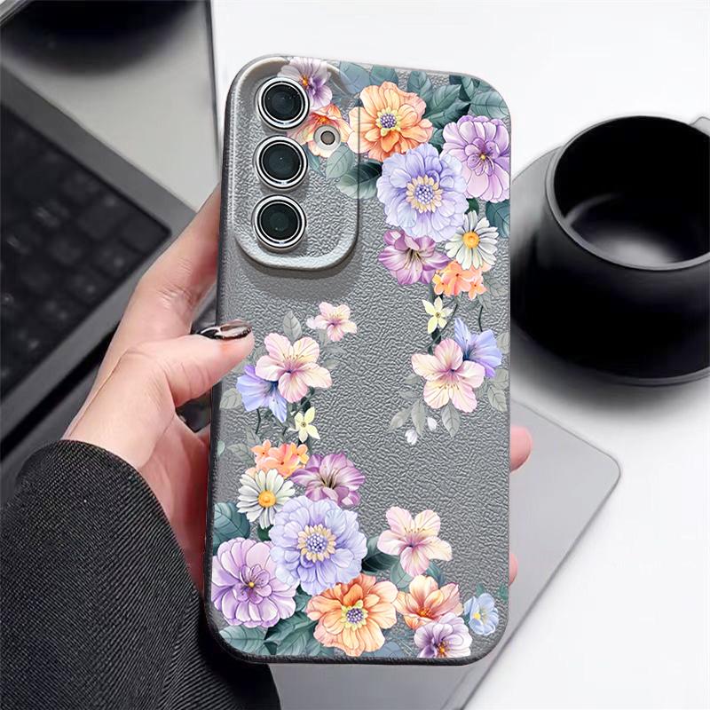Flowers Leather Texture TPU Case For Samsung Galaxy S25 S24 S23 Ultra S24 FE S22 Plus A56 A55 A54 A16 A36 A15 A34 A26 5G Cover
