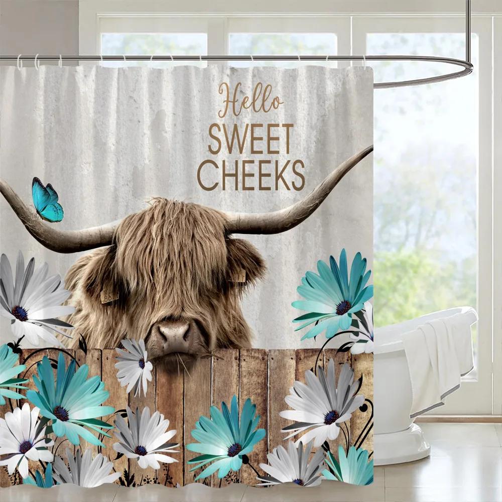 Wood Door Cow Shower Curtain Farm Animal Barn Door Wooden Wheel Pumpkin Sunflower Retro Bath Curtain Bathroom Accessories Set