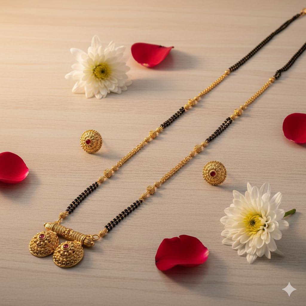 Tradiční Maharashtrian Mangalsutra o délce 36 palců s kulatým přívěskem a květinovými náušnicemi