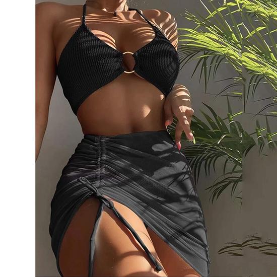 Maiô feminino estilo europeu-americano dividido, cor sólida, cor sólida, sexy, pescoço, pendurado, três peças, biquíni, moda praia