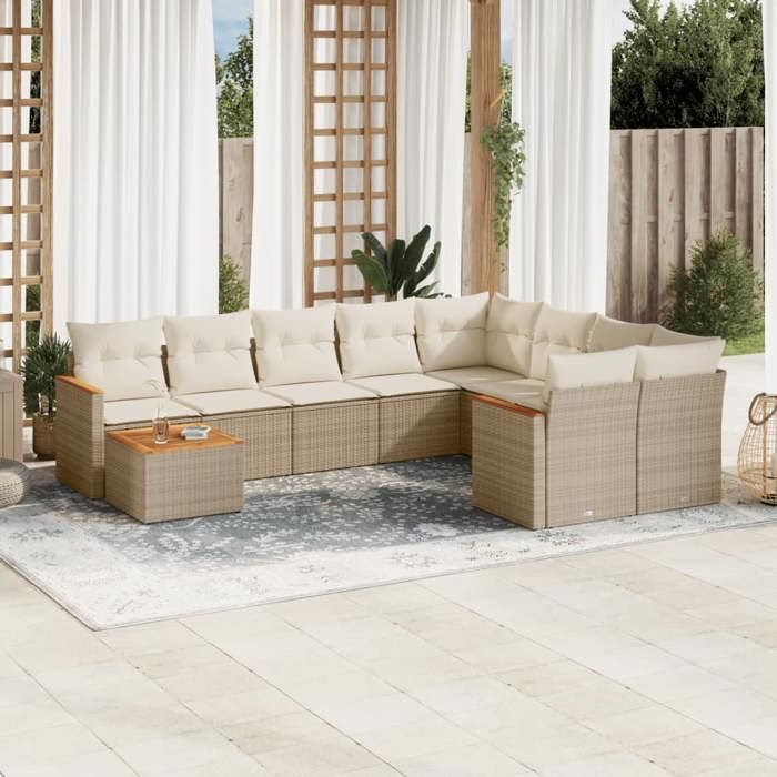 VidaXL Salon de Jardin avec Coussins 10 pcs, Canapés de Terrasse, Ensemble de Meubles de Patio, Mobilier d'Extérieur, Beige 3258719