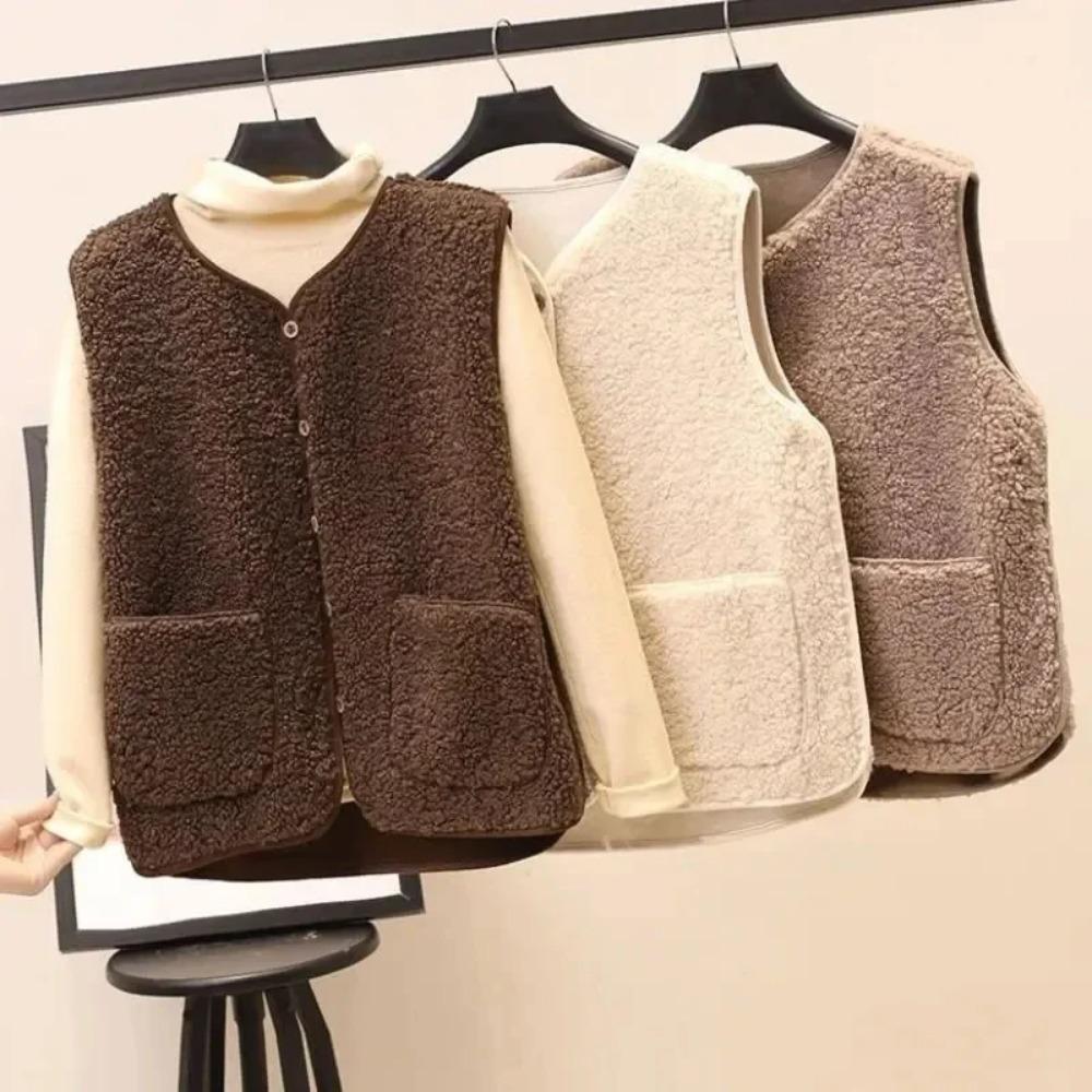 Lamb's Fleece Vests Jacket Spring Autumn Women Button Waistcoat Winter Warm Fleece Sleeveless Outwear