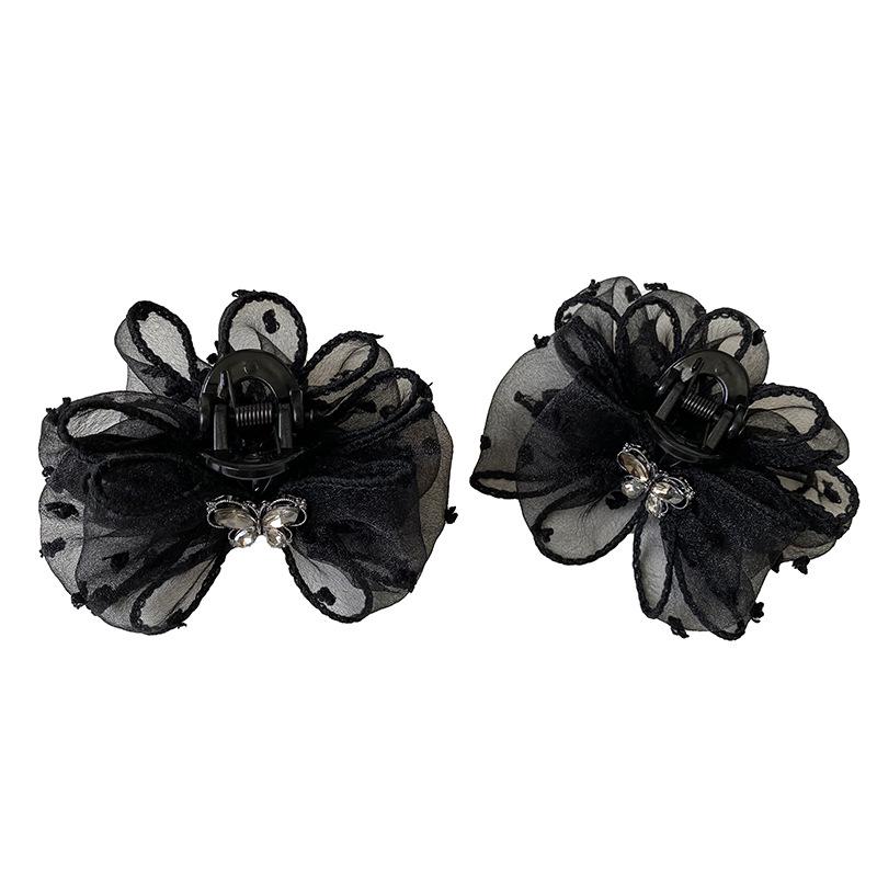 Black Mesh Polka Dot Rhinestone Bow Hair Clip for Women