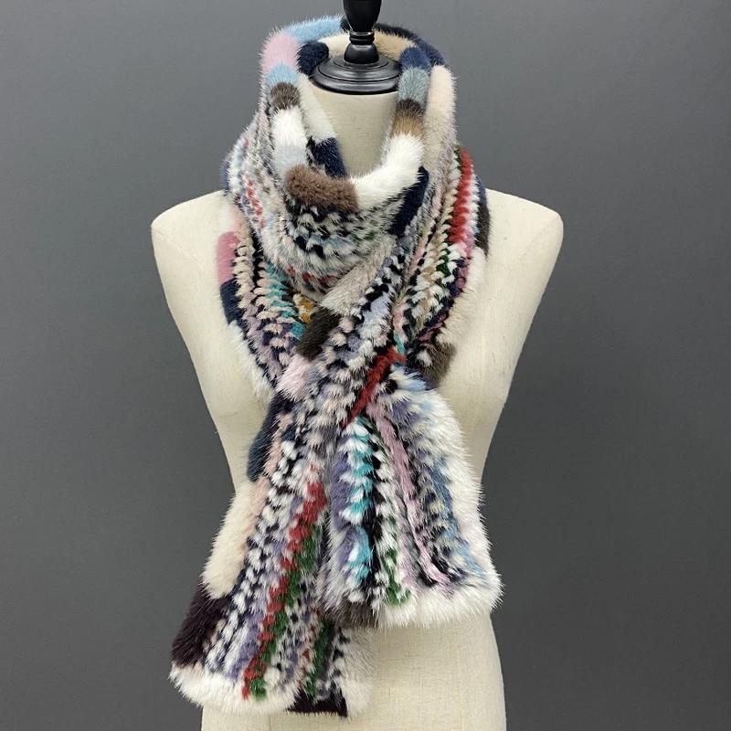 Winter Fur Long Scarf for Women Warm Knitted Natural Mink Fur Shawls Female Stylish Scarves 180x12cm