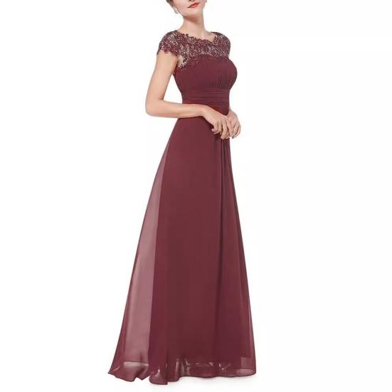 Women's Lace Bridesmaid Dress Cap Sleeve Ruched Round Neck Chiffon Formal Evening Gown A-Line Wedding Guest Maxi Dress for Cocktail Party Prom