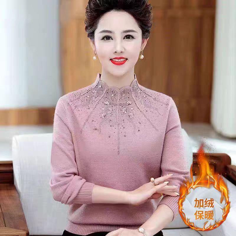 Women's Plus Size Sweater Winter Half-Turtleneck Solid Color Rhinestone Knit Pullover Sweater