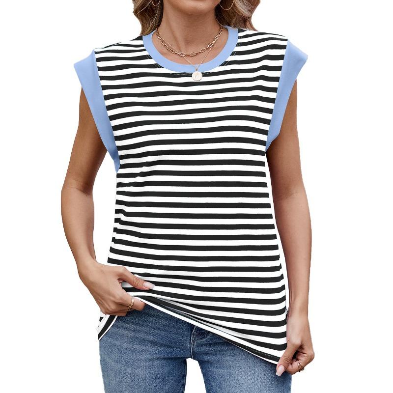 Camiseta holgada de manga corta con cuello redondo y estampado de rayas de primavera y verano para mujer