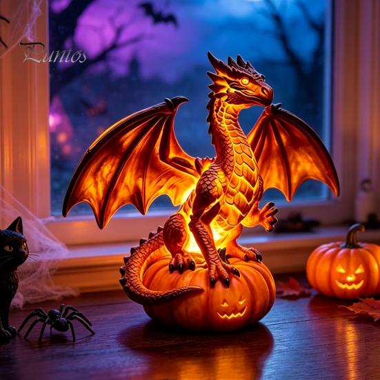 Handmade Three Dimensional Figures Halloween Pumpkin Night Light, Resin LED Dragon Tabletop Lamp, Witch Collectibles for Lovers Hat Black Cat
