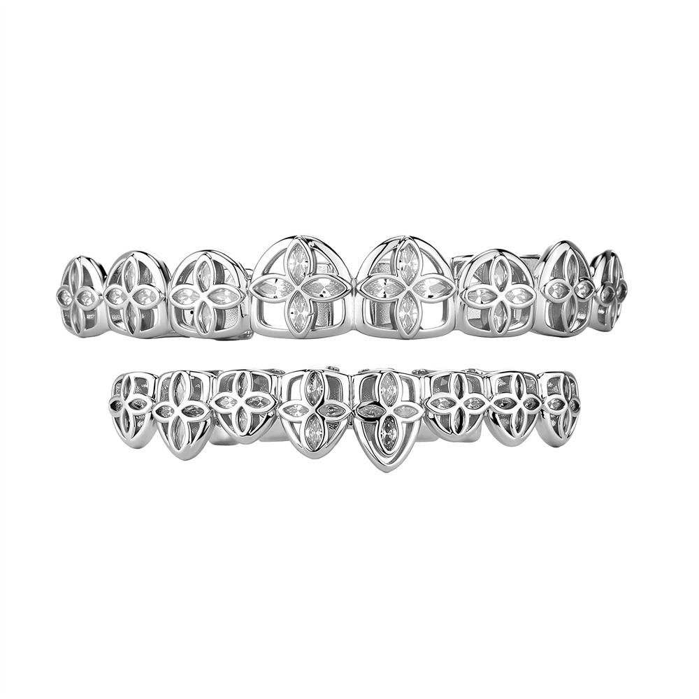 New Arrival 8 Teeth Grillz Leaf Shape Mirco Pave Zircon Braces Cool Big Gold Grillz Vampire Halloween