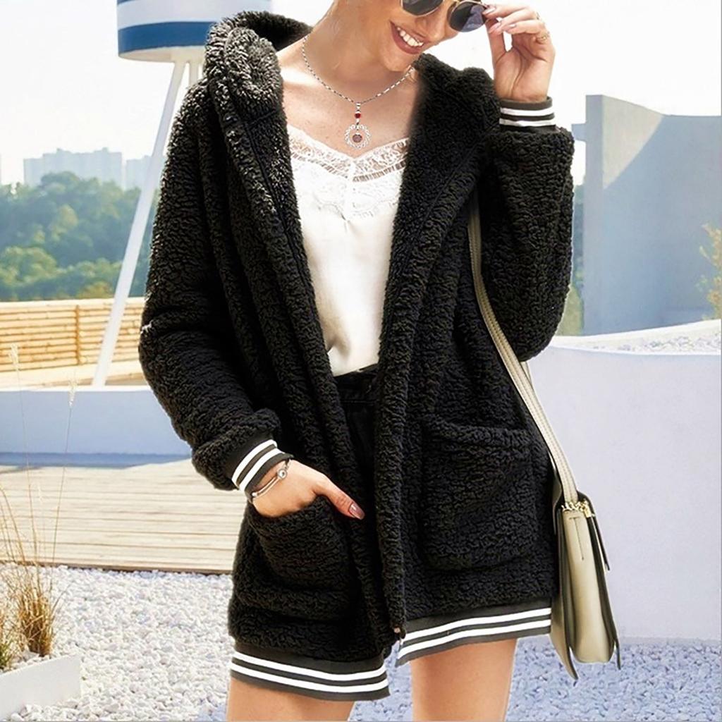 Women's  And Winter Loose Solid Color Stitching Long-Sleeved Pockets Plush Hooded Cardigan Coat